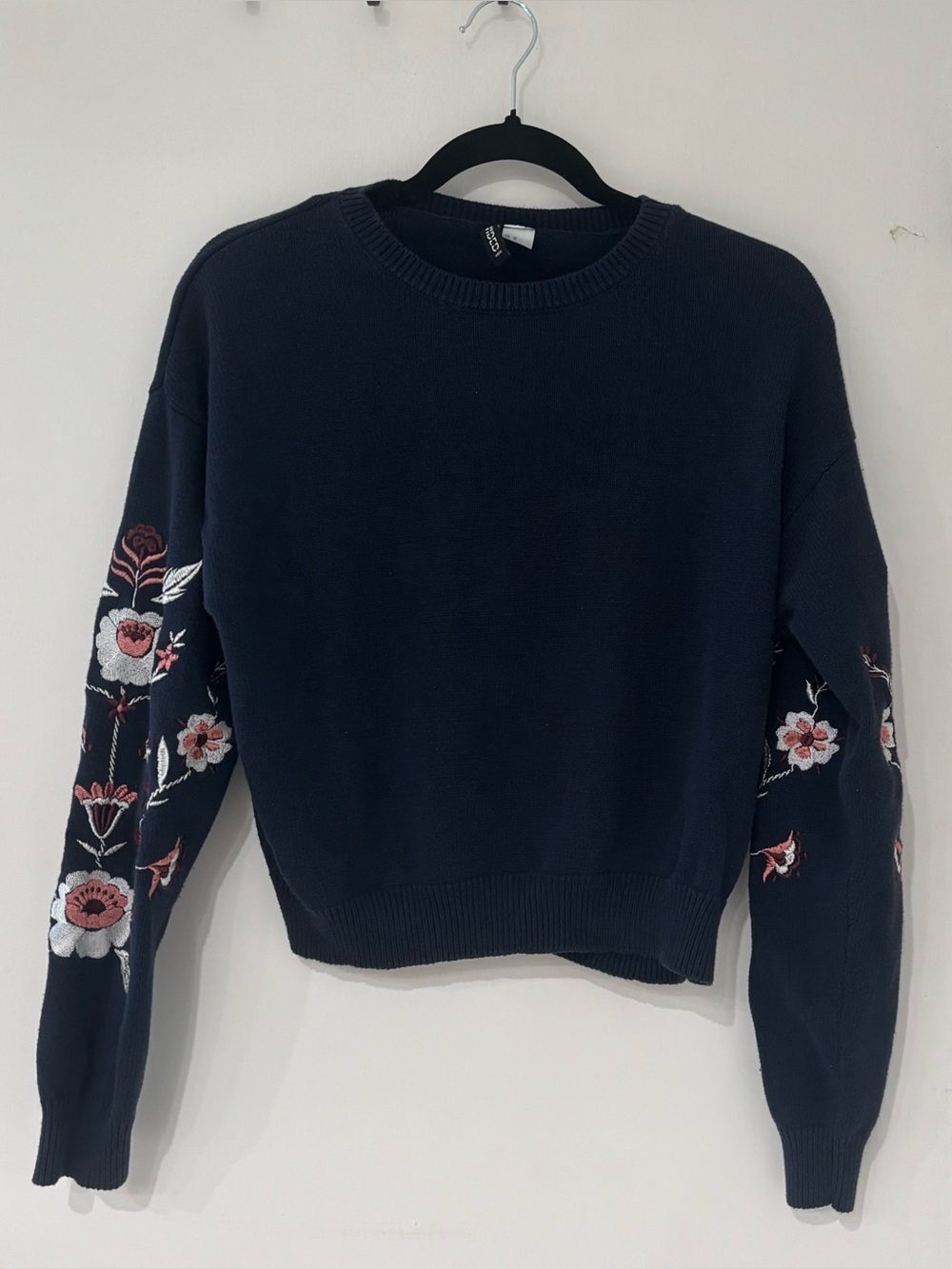 Divided Navy Floral Embroidered Relaxed Cropped Sweater.